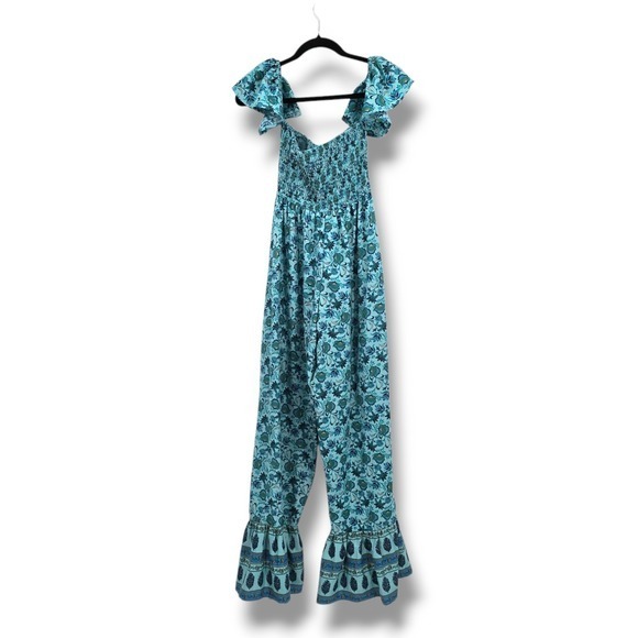 B.O.G. Collective Floral Jumpsuit Smocked Ruffle Trim Flare Off Shoulder Boho XS - Picture 1 of 8